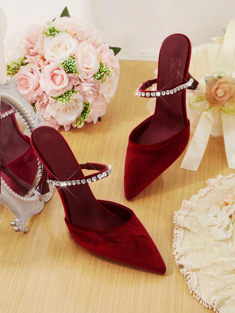 CUCCOO HITCHD Women's Velvet Pointed Toe High Heel Shoes, Rhinestone Decor, Elegant, Luxurious, Burgundy Velvet, Mule, Formal Dress, Bridal, Wedding Guest Shoes, Graceful Outfit For Party, Valentine's Day Valentine's Day Elegant Shoes