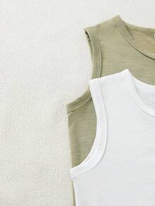 SHEIN 4件套幼儿男童宽松无袖上衣和条纹短裤套装，浅绿色和白色，休闲复古度假风，夏季 - 彩色 - 查看 7