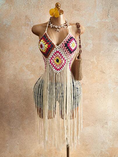 Mistrie Women's Knitted Camisole Top, Sexy Handmade Tassel Hollow-Out Knitted Spaghetti Strap Vest For Summer Vacation