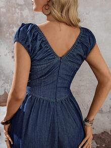 EMERY ROSE 女士V领褶皱腰身优雅牛仔连衣裙，适合约会和外出穿着 - 藍色 - 查看 2