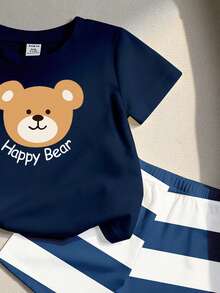 SHEIN Playful Pals 男婴休闲度假简约时尚经典小熊图案针织背心和撞色条纹短裤套装，适合夏季、居家休闲、户外活动、运动和上学穿着。 - 彩色 - 查看 5