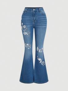 SHEIN MOD 女士时尚夏季碎花图案休闲百搭喇叭牛仔裤 - 藍色 - 查看 1