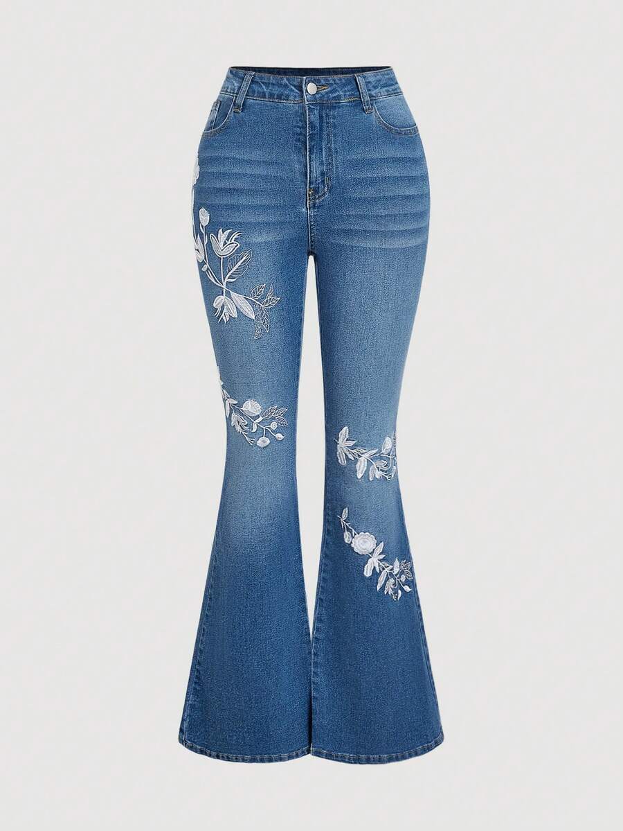 SHEIN MOD 女士时尚夏季碎花图案休闲百搭喇叭牛仔裤 - 藍色 - 查看 1