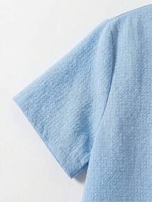 SHEIN Tween Boy Casual Short Sleeve V-Neck Shirt And Shorts Set,Kids Holiday Vacation Light Blue Summer - Blue - View 5