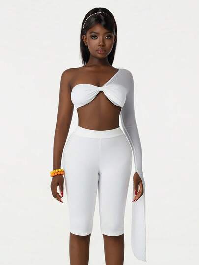 Amplova Women's Solid Color Twist Design Mesh Patchwork One Shoulder Cropped Top And Leggings Sexy 2-Piece Set