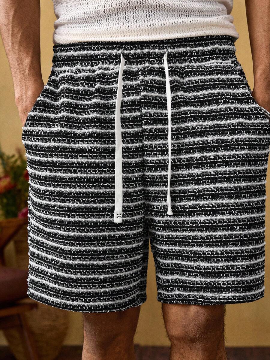 ROMWE MEN Men's Summer Casual Striped Slant Pocket Drawstring Waist Shorts - Black and White - View 1