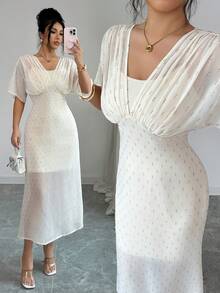 SHEIN Elenzya Women's Apricot French Elegant V-Neck Ruched Tie-Waist Two Pieces Set, Luxury Design Sense Fashion - Apricot - View 1