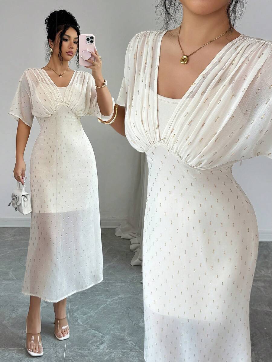 SHEIN Elenzya Women's Apricot French Elegant V-Neck Ruched Tie-Waist Two Pieces Set, Luxury Design Sense Fashion - Apricot - View 1