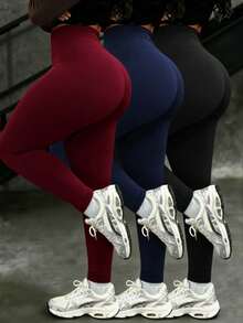 INAWLY 3 chiếc quần nữ dáng suông cạp cao màu trơn - Nhiều màu - Xem 3