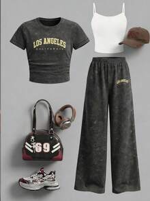SHEIN Girls' Tee Set,Dark Grey Summer Cute Back-To-School Outfit,Fitted Short Sleeve T-Shirt&Loose Wide Leg Pants,Soft Knit For Casual,Sports,School Wear - Black - View 1