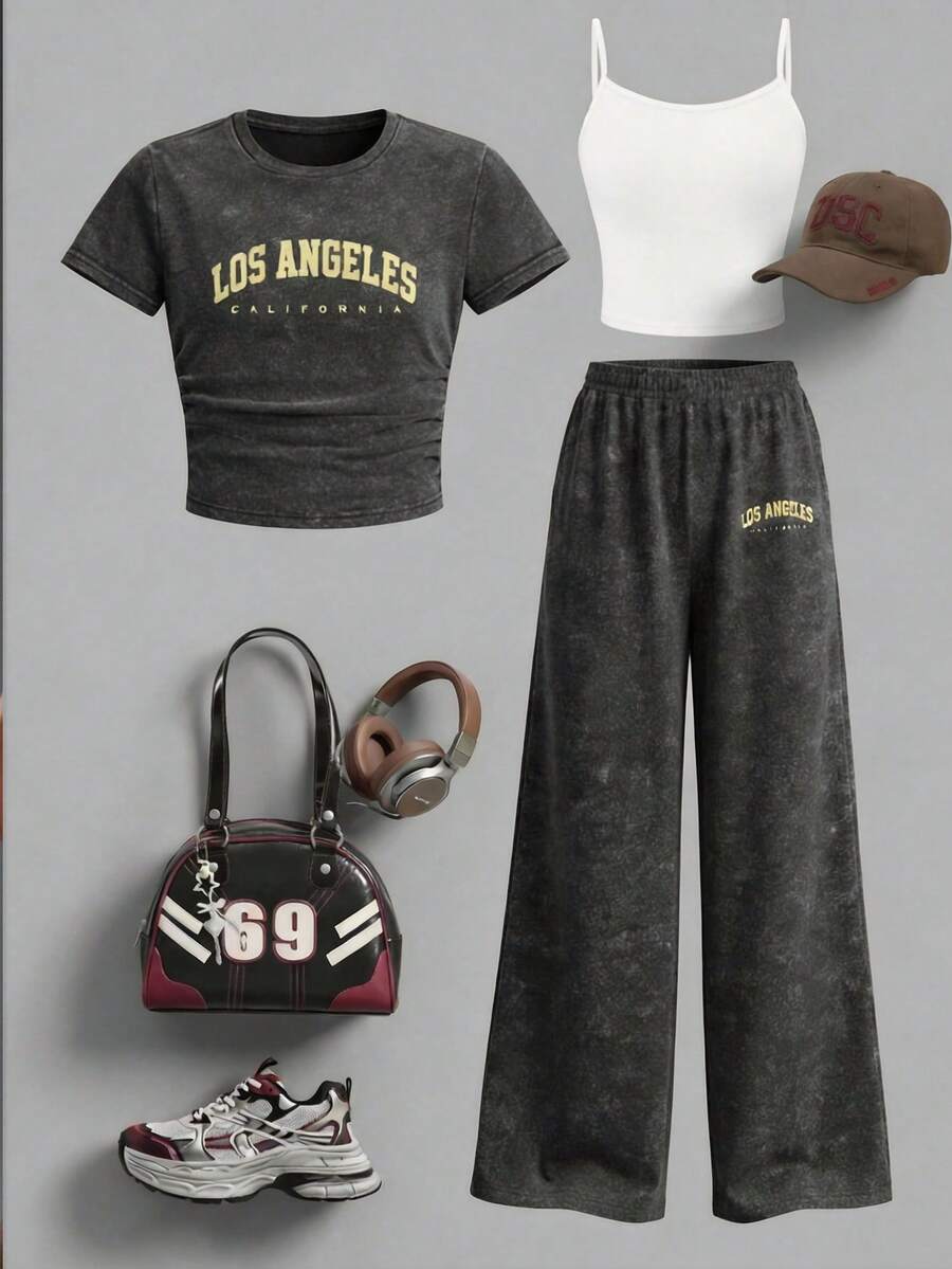 SHEIN Girls' Tee Set,Dark Grey Summer Cute Back-To-School Outfit,Fitted Short Sleeve T-Shirt&Loose Wide Leg Pants,Soft Knit For Casual,Sports,School Wear - Black - View 1