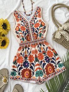 少女热带印花V领无袖休闲度假风连体裤，适合音乐节、旅行、海滩等场合。 - 彩色 - 查看 1