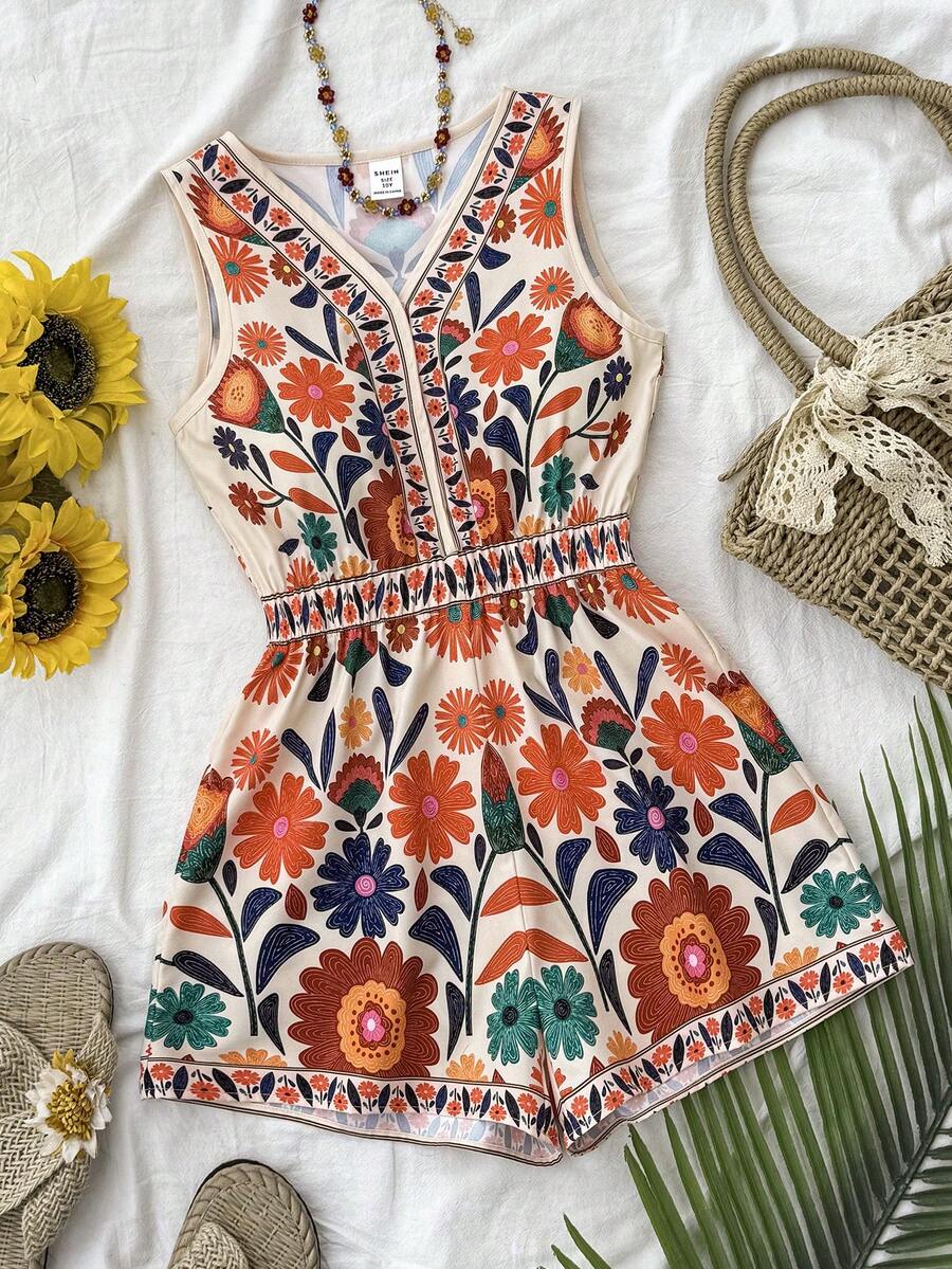 少女热带印花V领无袖休闲度假风连体裤，适合音乐节、旅行、海滩等场合。 - 彩色 - 查看 1