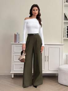 SHEIN Tall Quần ống rộng cạp cao, chất liệu vải dệt họa tiết, phong cách tối giản thường ngày dành cho nữ, thích hợp cho mùa tựu trường, size dài/dài. - Fresh Green - Xem 6