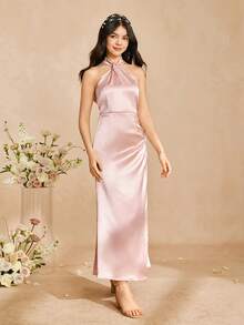 Satin Halter Neck Dress, Suitable For Teen GirlSpring/Summer, Wedding, Birthday Party. Sleeveless Long Dress, Polyester, Non-Stretch, Lightweight - Pink - View 5