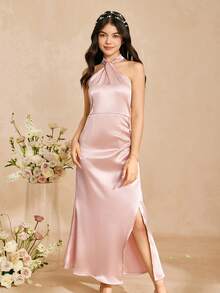 Satin Halter Neck Dress, Suitable For Teen GirlSpring/Summer, Wedding, Birthday Party. Sleeveless Long Dress, Polyester, Non-Stretch, Lightweight - Pink - View 6