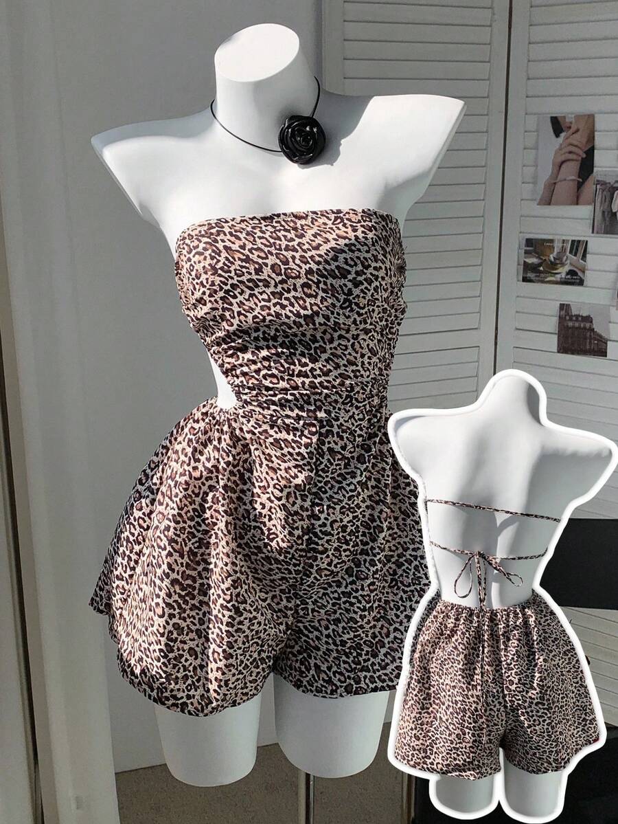 SHEIN EZwear Frauen Große Größen Leoparden-Muster Sexy modischer Bandeau-Jumpsuit - Verschiedenfarbig - Übersicht 1