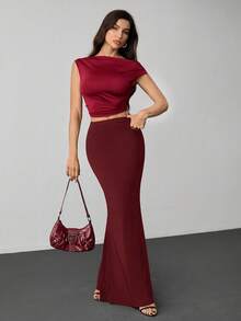 SHEIN Tall 女款純色彈性腰長版喇叭裙，適合高個女性 - 酒紅色 - 查看 5