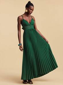 Travachic Omen 优雅纯色褶皱连衣裙，夏季服装，女士优雅连衣裙，绿色连衣裙，派对连衣裙，婚礼宾客连衣裙 - 綠色 - 查看 7