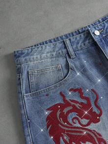 ROMWE MEN Street Life Men's Dragon Pattern Rhinestone Embellished Denim Shorts - Blue - View 3