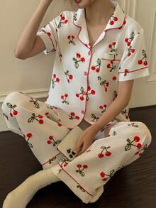 Dream Adore 樱桃波点印花口袋短袖睡衣套装（女士款） - 紅色 - 查看 6