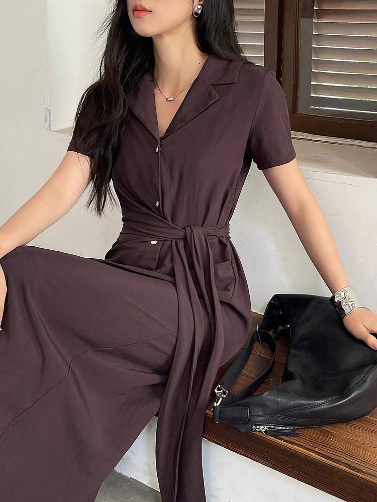 Women's Solid Color Waist Tie Design Elegant Cinched Waist Midi Dress, Suitable For Parties And Events Summer