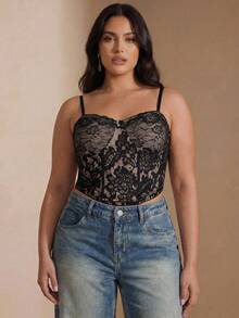 SHEIN Tall CURVE Atasan Camisole Renda Seksi Wanita Ukuran Besar, Musim Panas, Atasan Musim Panas - Hitam - View 4