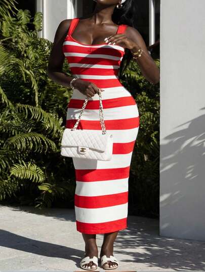 Slaydiva New Spring, Spring And Summer Music Festival, Valentine's Day, Easter Casual, Simple And Basic Style, Y2K Street Sweet, Best-Selling, Daily Date, Hot Girl Style, Sexy, Sporty And Stylish Style, Wide Shoulder Strap, U-Neck, Backless, Sleeveless, Body-Hugging Dress, Slim Fit, Red And White Irregular Striped Dress, Long Dress For Women -A