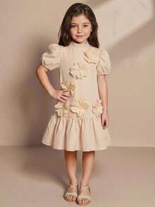 SHEIN Young Girl Solid Color 3D Floral Decor Ruffle Hem Short Sleeve Dress Apricot Tan,Orange,Summer,Flower Girl Neutral Nude Beige Dress For Tweens - Apricot - View 5
