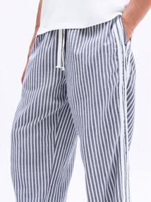 SUMWON NAZ 侧条纹阔腿休闲抽绳裤，竖条纹图案，宽松版型，夏季居家休闲服，弹性腰带，舒适棉质 - 藍色 - 查看 5