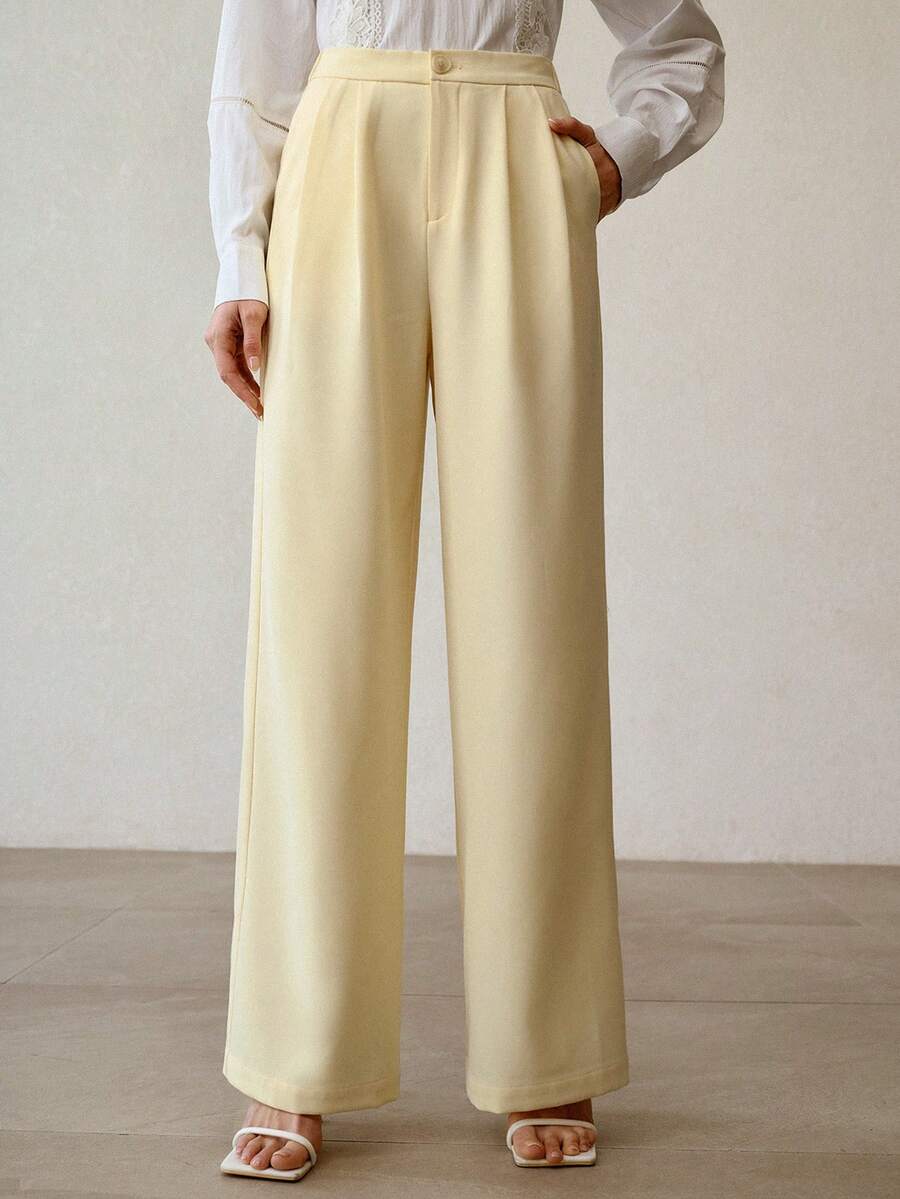 MOTF PREMIUM FOLD PLEATED CREAM YELLOW CASUAL SUIT PANTS - Light Yellow - View 2