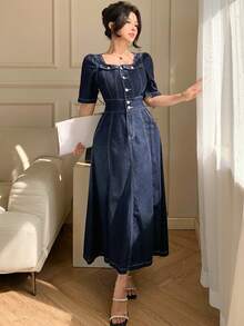 DAZY 女士休闲水洗假口袋方领泡泡袖牛仔连衣裙，夏季，婚礼宾客礼服 - 深色水洗藍 - 查看 7