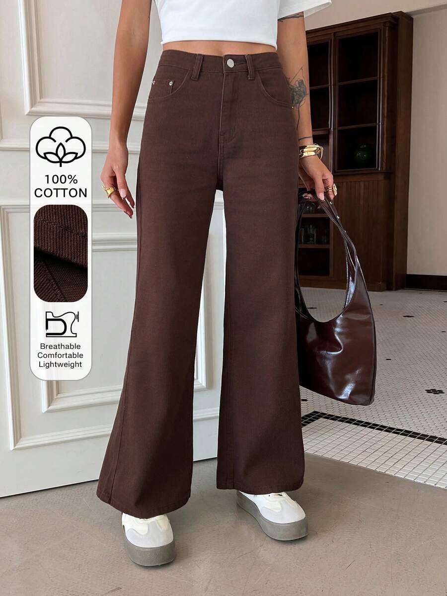 DAZY Quần jeans nữ ống loe màu nâu trơn, có túi, kiểu dáng thường ngày, thích hợp cho mùa xuân. - Cà phê nâu - Xem 1