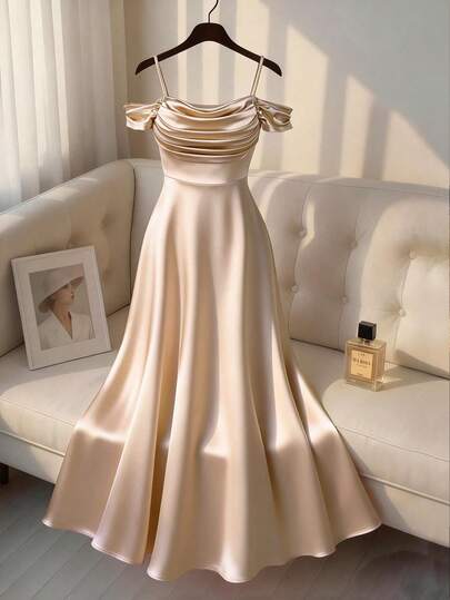 Franclia エレガントなフレンチスタイル オフショルダー ミディドレス、フリルカラー、ウエストシェイプのAライン、ノースリーブ、シャンパンカラー、プラスサイズ