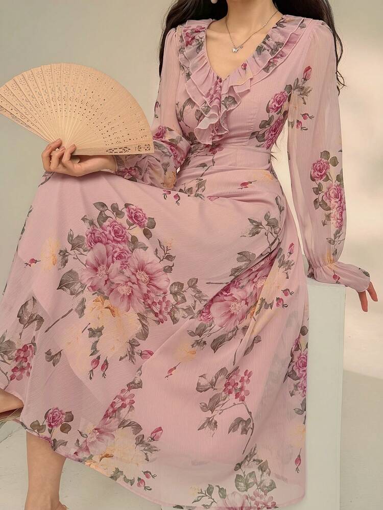 Women's Elegant Floral Ruffle V-Neck Mid-Length Dress, Spring/Summer,Wedding Guest Dress Women Sundress Boho
