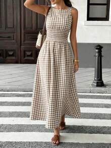 Pariaura 2026新款棕色格子长裙，蝴蝶结肩带，荷叶边收腰设计，休闲通勤简约风，适合度假日常穿着。 - 彩色 - 查看 3