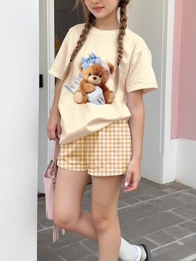 Tween Girls' Round Neck Bear Print Short Sleeve T-Shirt And Shorts Casual Minimalist Set, Suitable For Spring/Summer Daily Wear, Street Style, Outings, Home, Vacation, Picnic, Farm, Party
