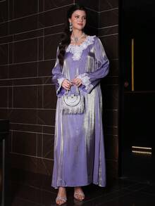 Layrah Glossy Elegant V-Neck Embroidered Ruffle Trim Loose Flared Robe For Women - Purple - View 7