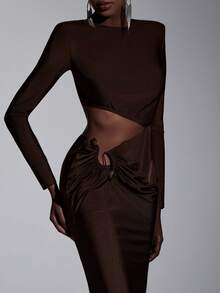 Elitara Đầm dạ hội màu nâu sô cô la thanh lịch, tay dài, chất liệu vải dệt kim, khóa kim loại rỗng ở eo, xếp ly, dáng đuôi cá, thích hợp cho các buổi lễ thời trang, dạ hội, sự kiện kinh doanh, tiệc khiêu vũ, tiệc trà và các dịp trang trọng khác dành cho phái nữ. - Màu nâu  Mocha - Xem 7