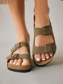 Solecia Sandalias de playa minimalistas y casuales para damas en Navidad - Caqui - Ver 3