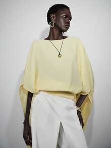 SHEIN x Rafa Kalimann Lumivelle ملابس علوية نسائية بلون موحد بياقة قارب وأكمام خفاشية فضفاضة قصيرة، توب ربيعي/صيفي بلون أصفر فاتح، توب صيفي أنيق للبرانش - أصفر - مشاهدة 4