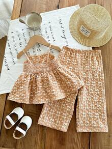 SHEIN LMoss Kids 女婴可爱碎花吊带背心和松紧腰裤套装，夏季 - 橘色 - 查看 2