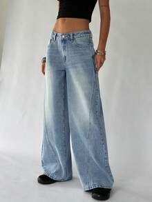 TRNVIE 女士宽松口袋阔腿休闲百搭牛仔裤 - 藍色 - 查看 3