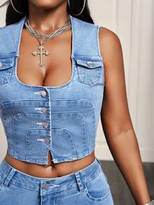 BamGleam Women's Casual Single-Breasted Denim Vest - Blue - View 5