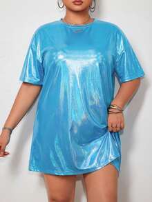 SHEIN ICON 大码 Y2K 大码偏光涂层 T 恤裙 - 藍色 - 查看 5