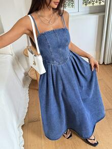 Rivivi 夏季女士休闲收腰牛仔吊带连衣裙 - 藍色 - 查看 6