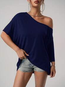 SHEIN ICON 美式休闲街头风宽松不对称肩部T恤，纯黑色 - 藏蓝色 - 查看 5