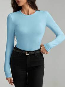 SHEIN Tall Solid Slim Fit Spring Women Bodysuit Long Sleeve Bodysuit - Baby Blue - View 7