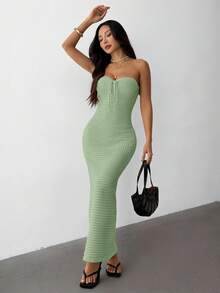 SHEIN PETITE 钩针编织夏季浪漫度假紧身手工钩针抹胸连衣裙，适合约会、度假，秋冬季休闲优雅日常穿着。 - 薄荷綠 - 查看 4