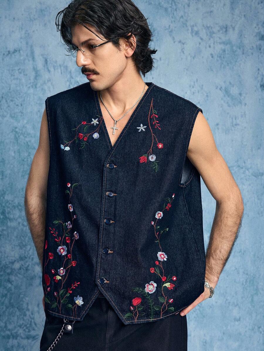 ROMWE MEN Street Life 男士花卉刺绣牛仔背心 - 藍色 - 查看 1